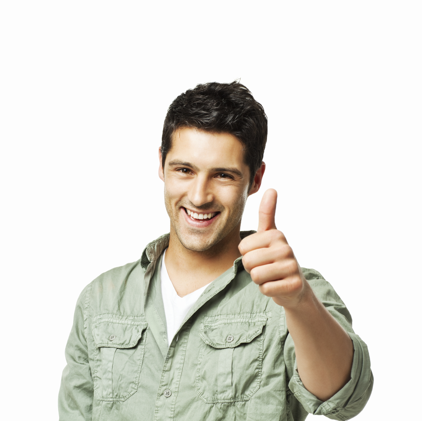 Handsome young man gives a thumbs up to the camera. Square shot. Isolated on white.